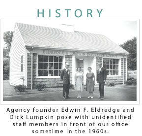 Agency founder Edwin F. Eldredge and Dick Lumpkin pose with unidentified staff members in front of our office sometime in the 1960s